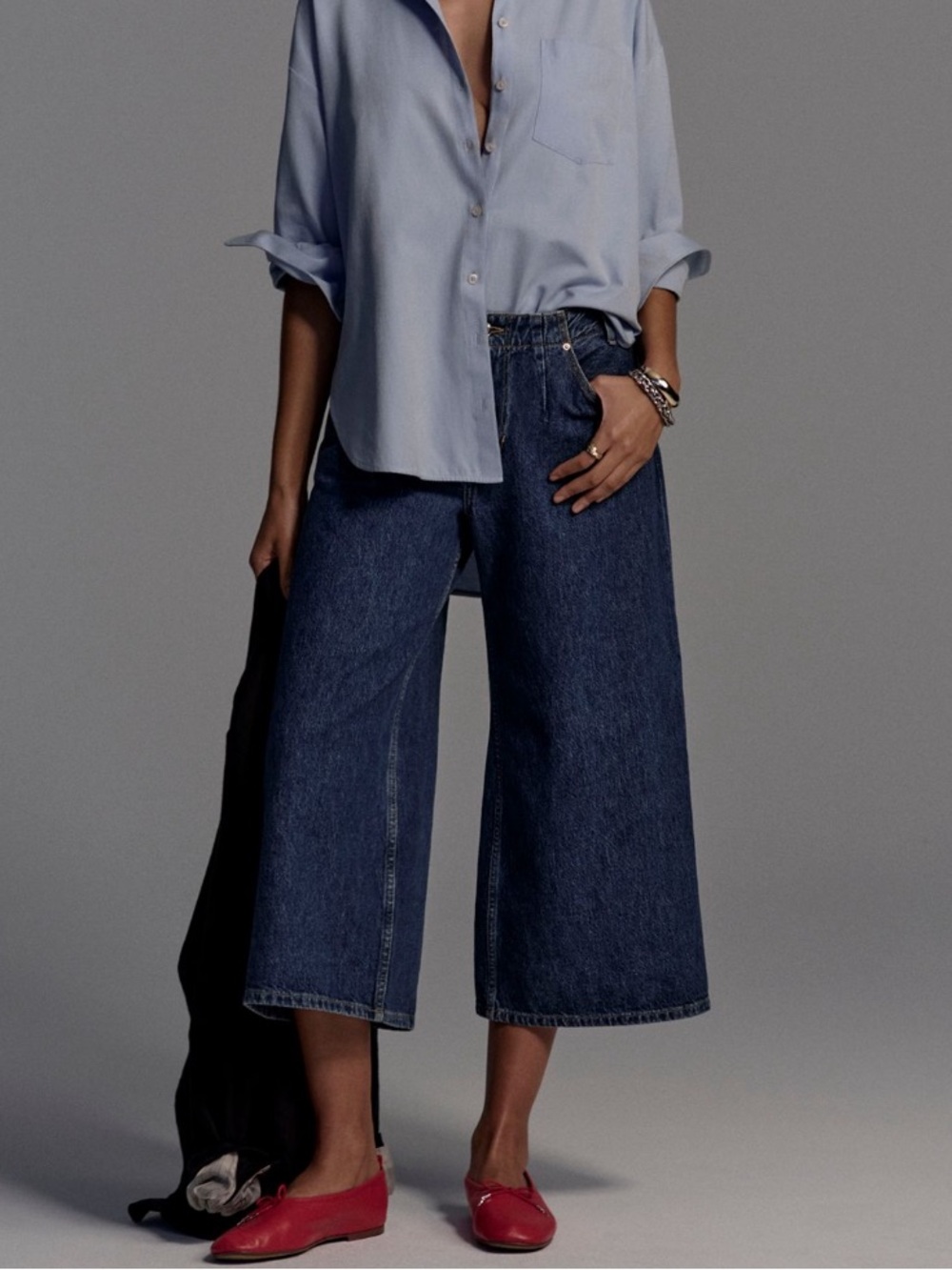 Pilcro Pleated High-Rise Crop Wide-Leg Jeans - Blue